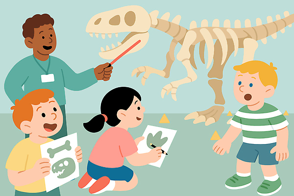 캐릭터 교육 어린이 일러스트 모션 놀이 수업 협력 실험 친구 학습 모형 교사 탐험 즐거움 공룡 그림 뼈모형 상상력 창의력 국내일러스트 AI파일 직업 감정 관계 파충류 사람 파일형식 벡터