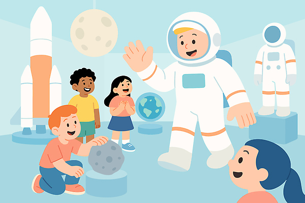교육 지구 어린이 과학 일러스트 실험 학습 우주 행성 탐험 우주비행사 달 체험 묘기 전시회 우주선 즐거움 오브젝트 소통 상상력 흥미 국내일러스트 AI파일 자연요소 감정 컨셉 사람 전시 파일형식 벡터