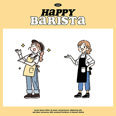 직업 패션 행복 커피 일러스트 표정 사람 일상 상점 카페 유머 분위기 고객 즐거움 서비스 만들기 바리스타 생동감 국내일러스트 AI파일 감정 음료 컨셉 모션 라이프 파일형식 벡터