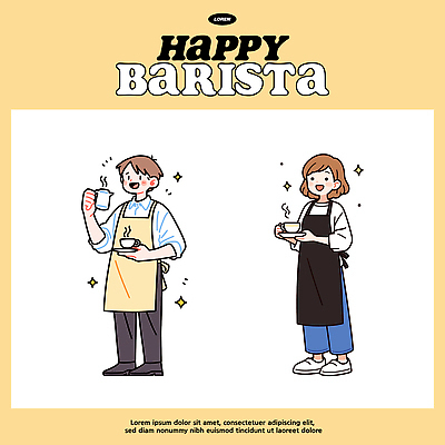 직업 여자 남자 행복 커피 음료 일러스트 아침 친절 미소 카페 작업 커피잔 서비스 준비 서빙 바리스타 국내일러스트 AI파일 주간 감정 잔 표정 사람 상점 파일형식 벡터