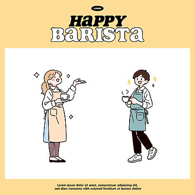 직업 커피 음료 일러스트 아침 따뜻함 미소 일상 앞치마 카페 분위기 커피메이커 고객 동료 즐거움 서빙 바리스타 소통 손님맞이 국내일러스트 AI파일 주간 감정 컨셉 관계 표정 라이프 상점 커피용품 파일형식 벡터