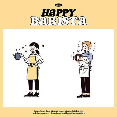 직업 커피 음료 일러스트 탁자 웃음 일상 주황색 카페 작업 수증기 커피메이커 고객 즐거움 서비스 준비 바리스타 공감 따뜻한음료 전문 국내일러스트 AI파일 감정 컬러 가구 표정 라이프 상점 커피용품 파일형식 벡터