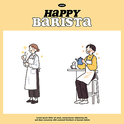 커피 음료 일러스트 모션 따뜻함 여러명 일상 카페 작업 분위기 차 고객 즐거움 서비스 만족 준비 바리스타 창의력 국내일러스트 AI파일 직업 감정 다수 컨셉 사람 라이프 상점 파일형식 벡터