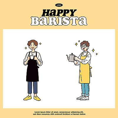 감정 커피 음료 컬러 일러스트 모션 주방용품 웃음 청년 일상 앞치마 카페 작업 커피잔 고객 즐거움 서비스 준비 바리스타 사교 상호작용 국내일러스트 AI파일 직업 생활용품 잔 표정 성인 라이프 상점 파일형식 벡터