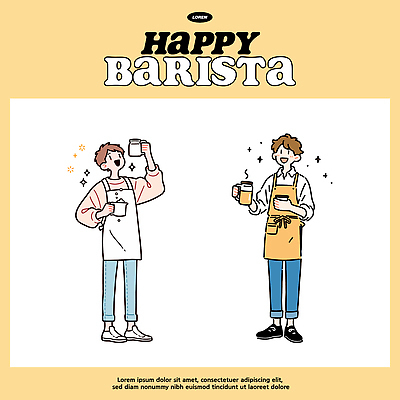 행복 커피 음료 유니폼 일러스트 친절 표정 사람 일상 카페 고객 즐거움 서비스 주말 바리스타 국내일러스트 AI파일 직업 옷 감정 라이프 상점 파일형식 벡터