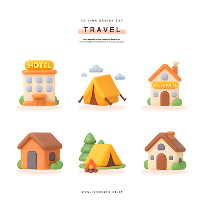 PSD 아이콘 캐릭터 디자인 여행 자연 호텔 숙소 건물 그래픽 3D아이콘 3D 캠핑 캠핑장 여행용품 게스트하우스 건축물 레저 숙박업 디지털합성 오브젝트 생태계 파일형식