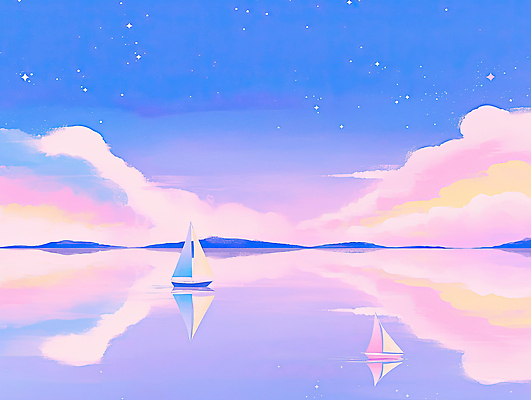 JPG 구름 호수 여유 바다 분홍색 요트 일러스트 자연 하늘 항해 풍경 물 파란색 반사 고요 일몰 달빛 뷰티풀 국내일러스트 AI일러스트 AI콘텐츠 자연요소 감정 컬러 배_교통 노을 달 생태계 파일형식