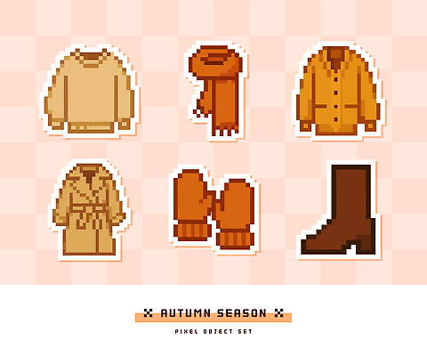 디자인 옷 계절 패션 컬러 일러스트 장신구 부츠 따뜻함 캐주얼 유행 목도리 코트 가을 스웨터 아이템 픽셀 스타일 국내일러스트 AI파일 잡화 신발 상의 외투 파일형식 벡터