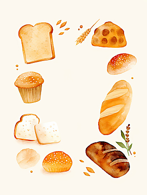 JPG 디자인 예술 음식 빵 컬러 일러스트 재료 자연 디저트 수채화 식사 빵집 설탕 밀가루 제빵 토스트 머핀 페스츄리 국내일러스트 AI일러스트 AI콘텐츠 제과제빵 상점 가루 생태계 파일형식
