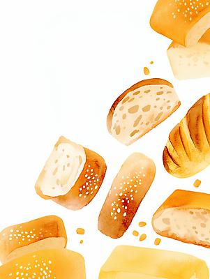 JPG 디자인 예술 음식 빵 백그라운드 일러스트 아침 디저트 수채화 식사 빵집 흰배경 질감 소재 부드러움 색감 창의성 스타일 국내일러스트 AI일러스트 AI콘텐츠 주간 상점 흰색 감각 파일형식