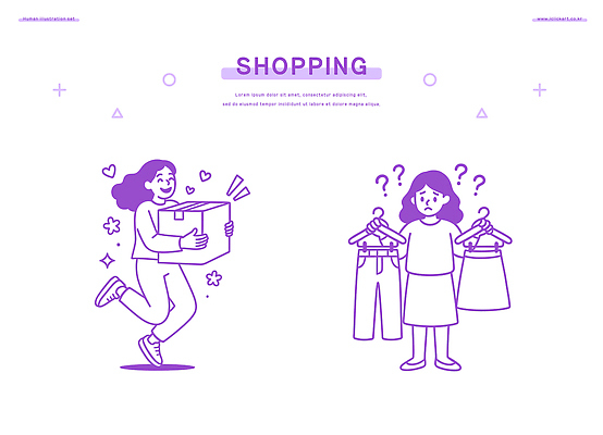 클립아트 캐릭터 옷 패션 행복 일러스트 쇼핑 유행 체험 선택 소비 구매 상품 즐거움 고민 온라인쇼핑 성별 아이템 소셜미디어 흥미 스타일 국내일러스트 AI파일 감정 컨셉 온라인 파일형식 벡터