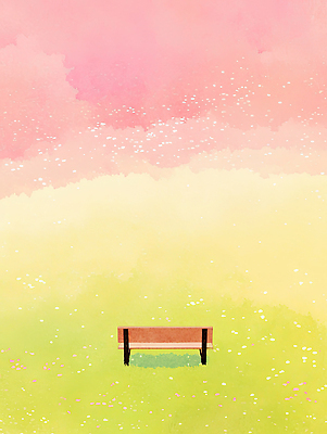 JPG 나무 꽃 여유 예술 분홍색 벤치 일러스트 자연 하늘 풍경 잔디 초원 햇빛 평화 일출 일몰 편안함 작가 그림 색감 풍경화 국내일러스트 AI일러스트 AI콘텐츠 식물 직업 감정 컬러 컨셉 의자 태양 노을 감각 생태계 파일형식