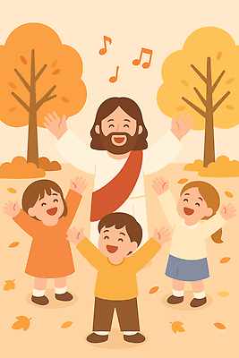 나무 종교 어린이 잎 일러스트 노래 자연 놀이 따뜻함 웃음 풍경 축제 소리 기쁨 가을 예수 즐거움 소통 국내일러스트 AI파일 식물 계절 감정 음악 컨셉 표정 사람 신_종교 생태계 파일형식 벡터