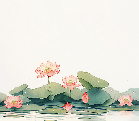 JPG 식물 꽃 잎 일러스트 자연 연꽃 풍경 여름 고요 물방울 연못 수면 수중식물 생태계 조용 조화 동아시아 뷰티풀 수경재배 국내일러스트 AI일러스트 AI콘텐츠 계절 물 파일형식