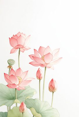 JPG 식물 꽃 분홍색 컬러 잎 일러스트 자연 생명 연꽃 미소 풍경 여름 정원 맑음 성장 연잎 꽃봉오리 화사함 조화 뷰티풀 생동감 국내일러스트 AI일러스트 AI콘텐츠 계절 컨셉 날씨 표정 생태계 파일형식