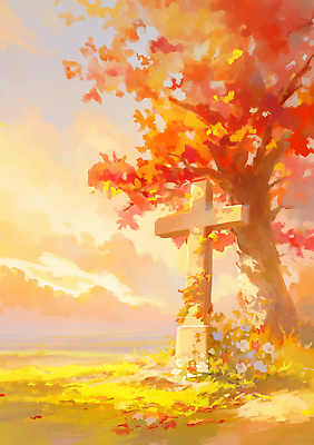 JPG 나무 꽃 길 컬러 십자가 일러스트 자연 하늘 풍경 초원 빨간색 햇빛 평화 노을 가을 조용 눈길 뷰티풀 순간 국내일러스트 AI일러스트 AI콘텐츠 자연요소 식물 계절 컨셉 눈_날씨 태양 생태계 파일형식