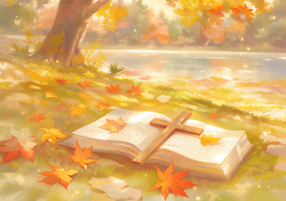 JPG 나무 사계절 종교 단풍 잎 일러스트 자연 나뭇잎 풍경 빛 독서 평화 성경 고요 가을 강가 명상 뷰티풀 차분 국내일러스트 AI일러스트 AI콘텐츠 식물 계절 컨셉 종교용품 강 생태계 파일형식