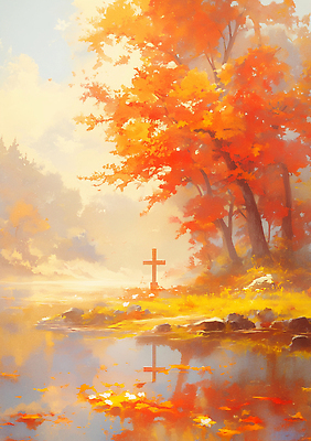JPG 나무 기독교 호수 예술 컬러 십자가 단풍 일러스트 자연 밝음 풍경 그래픽 햇빛 반사 평화 가을 숲 조용 뷰티풀 차분 국내일러스트 AI일러스트 AI콘텐츠 식물 계절 종교 컨셉 잎 태양 생태계 파일형식