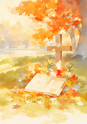 JPG 꽃 호수 상징 십자가 일러스트 자연 나뭇잎 풍경 라이프 책 청춘 평화 믿음 가을 명상 힐링 조화 차분 국내일러스트 AI일러스트 AI콘텐츠 식물 계절 감정 컨셉 잎 생활 생태계 파일형식