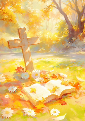 JPG 나무 꽃 컬러 나비 십자가 잎 일러스트 자연 생명 풍경 책 햇빛 교회 평화 고요 가을 기도 추억 천국 뷰티풀 국내일러스트 AI일러스트 AI콘텐츠 식물 계절 곤충 컨셉 종교건축 건물 태양 생태계 파일형식
