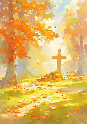 JPG 길 여유 단풍 낙엽 잎 일러스트 자연 밝음 풍경 햇빛 평화 산책 가을 틈 영혼 숲 신비 조용 나무십자가 뷰티풀 국내일러스트 AI일러스트 AI콘텐츠 식물 계절 감정 컨셉 십자가 휴식 태양 생태계 파일형식