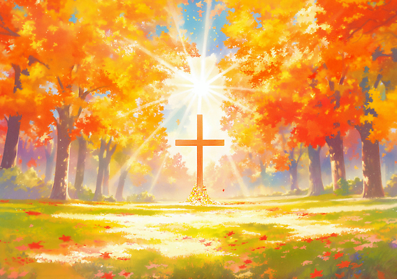 JPG 나무 기독교 종교 십자가 단풍 잎 일러스트 자연 풍경 빛 햇빛 평화 희망 가을 소중 명상 조화 뷰티풀 영감 국내일러스트 AI일러스트 AI콘텐츠 식물 계절 감정 컨셉 태양 생태계 파일형식