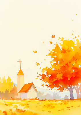 JPG 나무 잎 일러스트 자연 하늘 나뭇잎 산 풍경 햇빛 노란색 교회 마을 주황색 고요 가을 시골 조화 뷰티풀 색감 국내일러스트 AI일러스트 AI콘텐츠 식물 계절 컬러 종교건축 건물 태양 생태계 파일형식