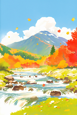 JPG 나무 식물 컬러 단풍 잎 일러스트 자연 산 풍경 야외 강 평화 맑음 소리 흐름 가을 개울 조화 국내일러스트 AI일러스트 AI콘텐츠 계절 컨셉 날씨 생태계 파일형식