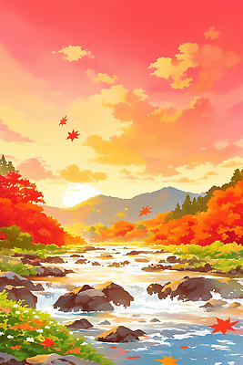 JPG 나무 물결 컬러 단풍 일러스트 자연 하늘 풍경 빨간색 물 강 노란색 노을 일몰 흐름 가을 저녁 강가 뷰티풀 풍경화 차분 국내일러스트 AI일러스트 AI콘텐츠 자연요소 식물 계절 컨셉 잎 야간 그림 생태계 파일형식