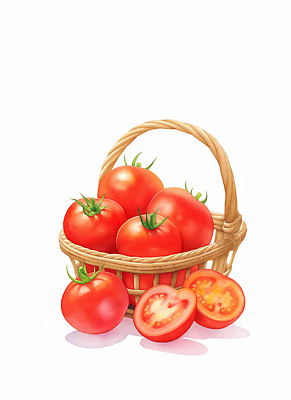 JPG 컬러 다이어트 토마토 과일 일러스트 식재료 자연 빨간색 여름 농작물 바구니 친환경 유기농 비타민 신선도 맛있는 국내일러스트 AI일러스트 AI콘텐츠 웰빙 계절 농업 채소 건강 환경 생태계 영양소 파일형식