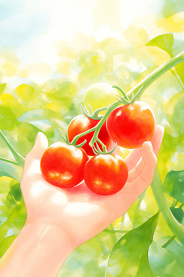 JPG 식물 손 여유 농업 토마토 채소 일러스트 자연 건강 여름 농작물 햇빛 농장 정원 농사 수확 성장 신선 색감 국내일러스트 AI일러스트 AI콘텐츠 계절 감정 산업 신체부위 태양 생태계 파일형식