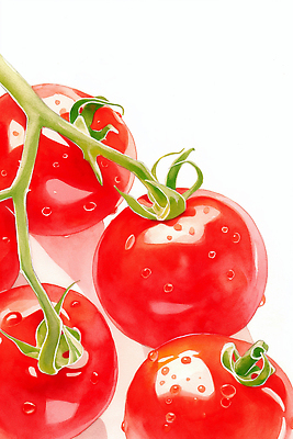 JPG 음식 채소 일러스트 방울토마토 자연 가지 디저트 요리 빨간색 농작물 식사 샐러드 신선 달콤 맛 크기 수분 유기농 비타민 건강식 국내일러스트 AI일러스트 AI콘텐츠 웰빙 컬러 컨셉 농업 토마토 생태계 영양소 파일형식