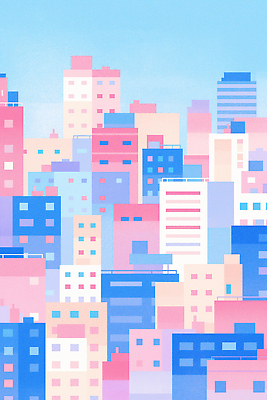 JPG 모양 디자인 예술 분홍색 컬러 패턴 일러스트 하늘 추상 풍경 건물 파란색 디지털 매력적 도시 조화 뷰티풀 국내일러스트 AI일러스트 AI콘텐츠 건축물 컨셉 무늬 파일형식