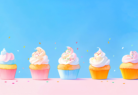 JPG 예술 음식 분홍색 컬러 백그라운드 일러스트 디저트 파란색 파티 제과 축제 기쁨 매력적 다양 컵케이크 크림 준비 스프링클 국내일러스트 AI일러스트 AI콘텐츠 감정 다수 컨셉 이벤트 장식 제과제빵 케이크 파일형식
