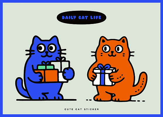 캐릭터 디자인 스티커 일러스트 상상 선물 일상 파란색 반려동물 파티 귀여움 주황색 고양이 축하 즐거움 그림 창의성 국내일러스트 AI파일 동물 감정 컬러 컨셉 포유류 이벤트 라이프 파일형식 벡터