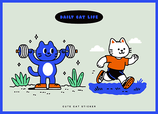 캐릭터 디자인 컬러 스티커 일러스트 모션 건강 일상 반려동물 달리기 운동 귀여움 헬스 고양이 아령 즐거움 그림 디지털아트 국내일러스트 AI파일 동물 감정 컨셉 포유류 라이프 파일형식 벡터