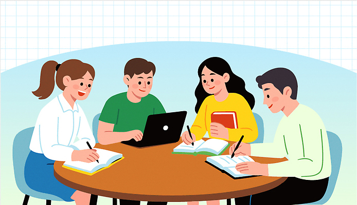 학생 교육 일러스트 모션 협력 책 친구 노트북 학습 공책 시험 교양 결과 집중 전략 소통 원형탁자 팁 국내일러스트 AI파일 컨셉 관계 탁자 문구용품 전자제품 파일형식 벡터