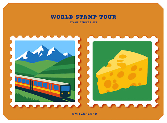 디자인 문화 교통수단 컬러 여행 스티커 일러스트 자연 치즈 산 풍경 도장 기차 맛 대표 스위스 특산물 기념품 우표 국내일러스트 AI파일 유럽 육상교통 교통 컨셉 유제품 대중교통 오브젝트 생태계 파일형식 벡터
