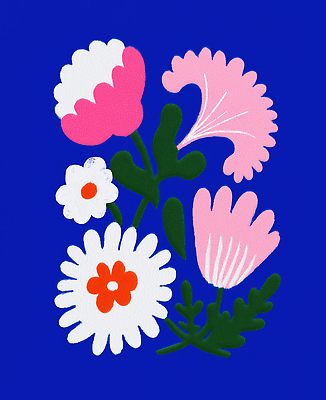 JPG 모양 디자인 꽃 예술 분홍색 컬러 일러스트 자연 생명 장식 초록색 흰색 배열 그림 파란배경 조화 뷰티풀 생동감 창의성 국내일러스트 AI일러스트 AI콘텐츠 식물 백그라운드 파란색 생태계 파일형식