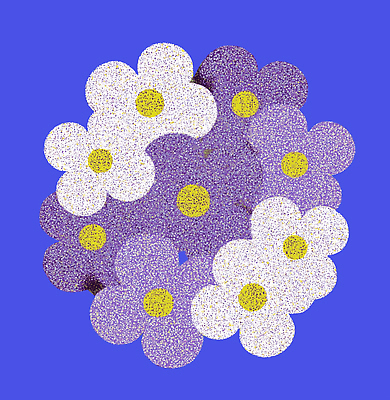 JPG 디자인 꽃 예술 컬러 백그라운드 패턴 일러스트 추상 장식 노란색 보라색 흰색 화려 분위기 크기 배열 그림 조화 색감 생동감 국내일러스트 AI일러스트 AI콘텐츠 식물 컨셉 무늬 파일형식