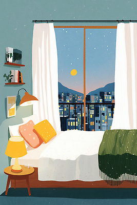 JPG 디자인 가구 일러스트 창문 베개 조명 산 주택 풍경 인테리어 일몰 침실 도시 시간 커튼 저녁 편안함 가벼움 색감 경관 국내일러스트 AI일러스트 AI콘텐츠 생활용품 침구 건물 노을 감각 무게 야간 파일형식