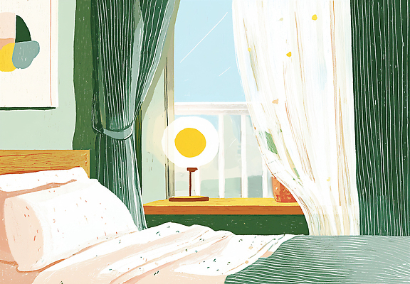 JPG 식물 디자인 컬러 일러스트 창문 베개 휴식 조명 실내 따뜻함 생활 인테리어 햇빛 공간 침실 침대 커튼 분위기 편안함 창가 국내일러스트 AI일러스트 AI콘텐츠 가구 컨셉 침구 내부 태양 감각 파일형식