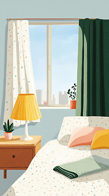 JPG 디자인 화초 컬러 일러스트 창문 조명 주택 생활 인테리어 햇빛 공간 방 침대 도시 커튼 편안함 창가 오브젝트 나무탁자 국내일러스트 AI일러스트 AI콘텐츠 식물 가구 탁자 건물 태양 감각 파일형식