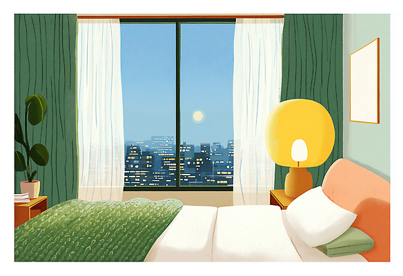 JPG 창 일러스트 밤하늘 휴식 조명 풍경 건물 생활 인테리어 공간 침실 보름달 도시 커튼 편안함 그림 국내일러스트 AI일러스트 AI콘텐츠 건축물 디자인 무기 컨셉 하늘 달 감각 야간 파일형식