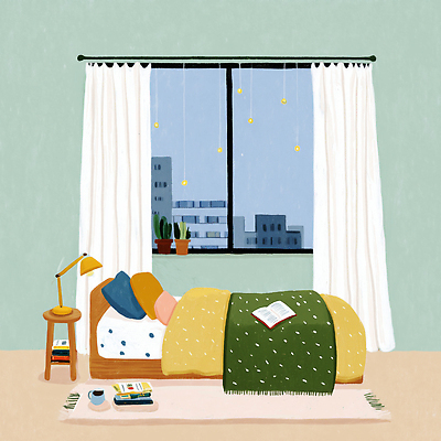 JPG 식물 디자인 일러스트 창문 아침 휴식 조명 생활 책 초록색 인테리어 태양 이불 방 침대 잠 커튼 분위기 편안함 색감 국내일러스트 AI일러스트 AI콘텐츠 주간 자연요소 컬러 가구 컨셉 침구 감각 파일형식