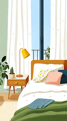 JPG 식물 디자인 컬러 가구 거실 일러스트 창문 베개 아침 조명 내부 인테리어 햇빛 침실 이불 침대 편안함 오브젝트 꾸미기 국내일러스트 AI일러스트 AI콘텐츠 주간 생활용품 침구 태양 감각 파일형식