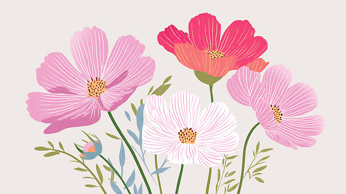 JPG 식물 디자인 꽃 예술 줄기 분홍색 컬러 잎 일러스트 자연 빨간색 여름 정원 흰색 배열 화사함 조화 뷰티풀 생동감 정물화 국내일러스트 AI일러스트 AI콘텐츠 계절 컨셉 그림 생태계 파일형식