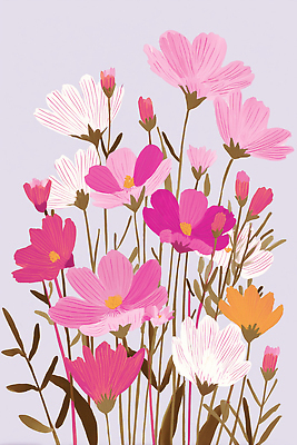 JPG 식물 꽃 화초 분홍색 백그라운드 잎 일러스트 자연 생명 풍경 장식 여름 노란색 정원 흰색 조화 뷰티풀 생동감 국내일러스트 AI일러스트 AI콘텐츠 계절 컬러 생태계 파일형식