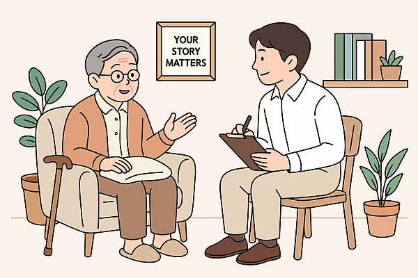 노년 거실 일러스트 주택 이야기 대화 믿음 듣기 메모지 추억 상담원 상담 노인복지 소통 인간관계 상호작용 국내일러스트 AI파일 감정 컨셉 관계 모션 말하기 성인 건물 사무용품 사무원 복지 파일형식 벡터