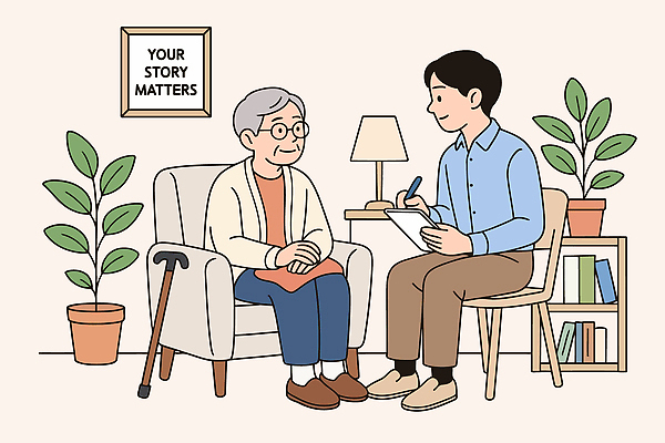 노년 일러스트 가족 이야기 대화 친구 소파 봉사 체험 편안함 상담 소통 공감 공동체 국내일러스트 AI파일 컨셉 의자 관계 말하기 성인 도움 감각 파일형식 벡터